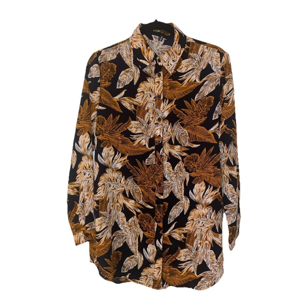 pretty little thing women Button Up Top Tropical Leaf Long Sleeve Casual 6